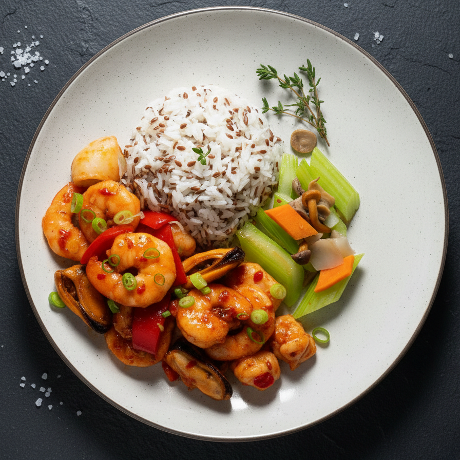 Sichuan Seafood Pot W/ Seasonal Vegetables And Flaxseeds Rice