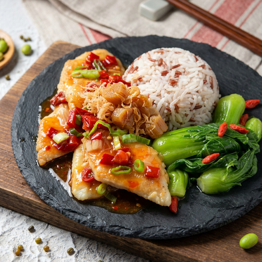 Fittery signature Hunan Chilli Fish Fillet with dried conpoy, seasonal vegetables, and mixed grains on a plate.