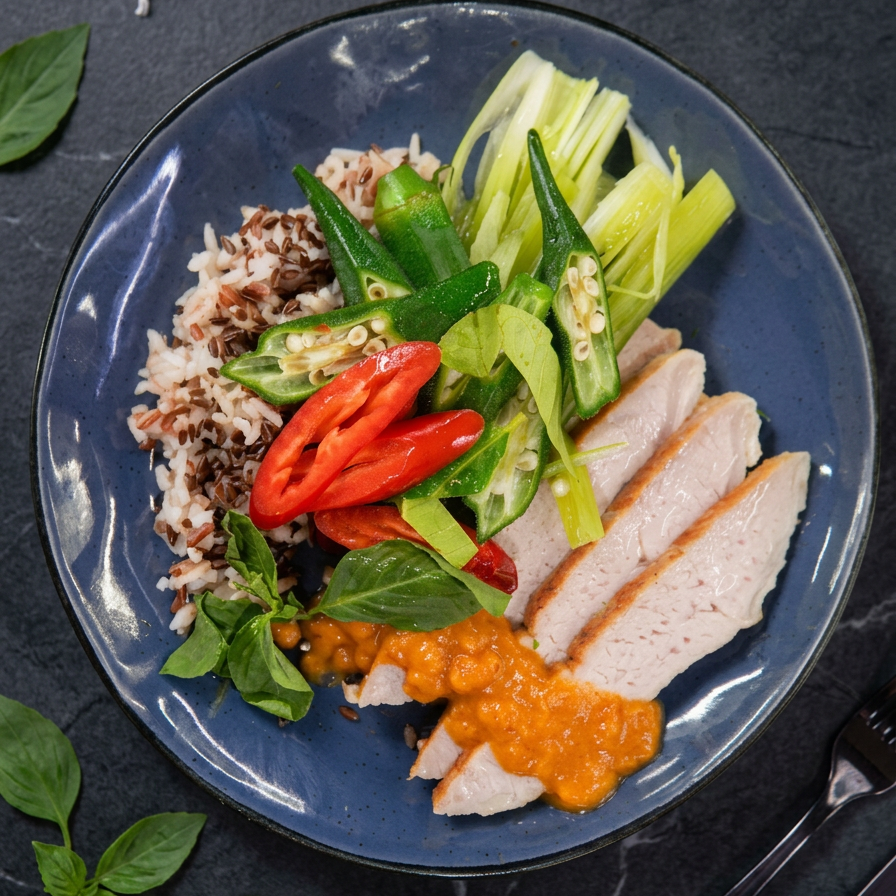 Signature Thai pork loin curry with Asian greens and flax seed mix grain rice on a plate, served with colorful vegetables.