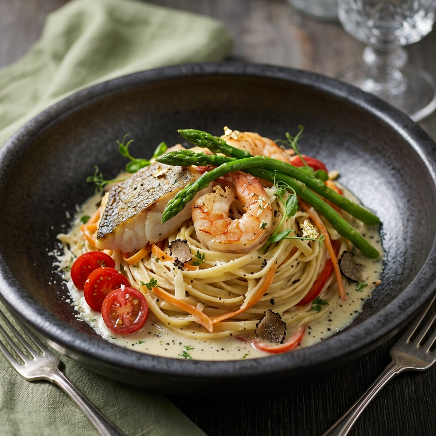 Seafood linguine with low-fat truffle carbonara sauce, seasonal vegetables, served on a plate, from Fittery signature meal collection.