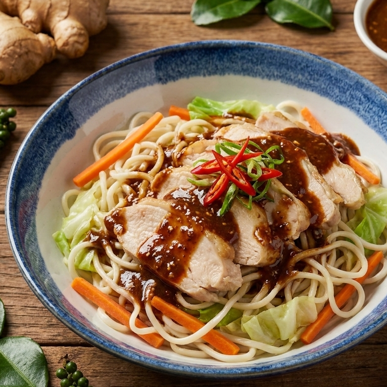 Signature meal of Sand Ginger Chicken with seasonal vegetables, Chinese noodles, and low-fat sesame dressing.