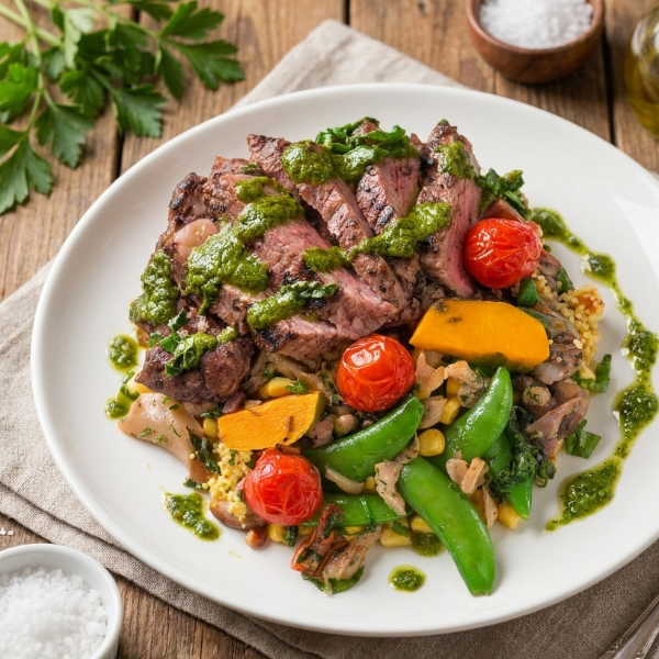 Fittery signature meal featuring grass-fed ribeye steak with chimichurri, seasonal greens, and pumpkin couscous on a plate.