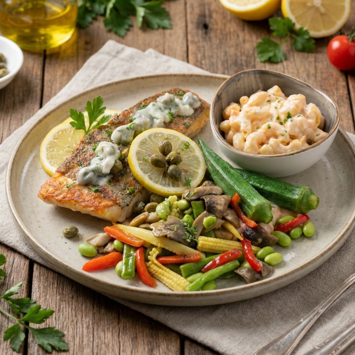 Healthy Lemon Capers Grilled Barramundi with vegetables and macaroni salad on a plate, served as a signature meal by Fittery.