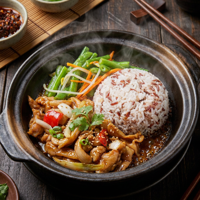 Fittery signature sizzling claypot with chicken, seasonal vegetables, and mixed grain rice in a vibrant serving dish.