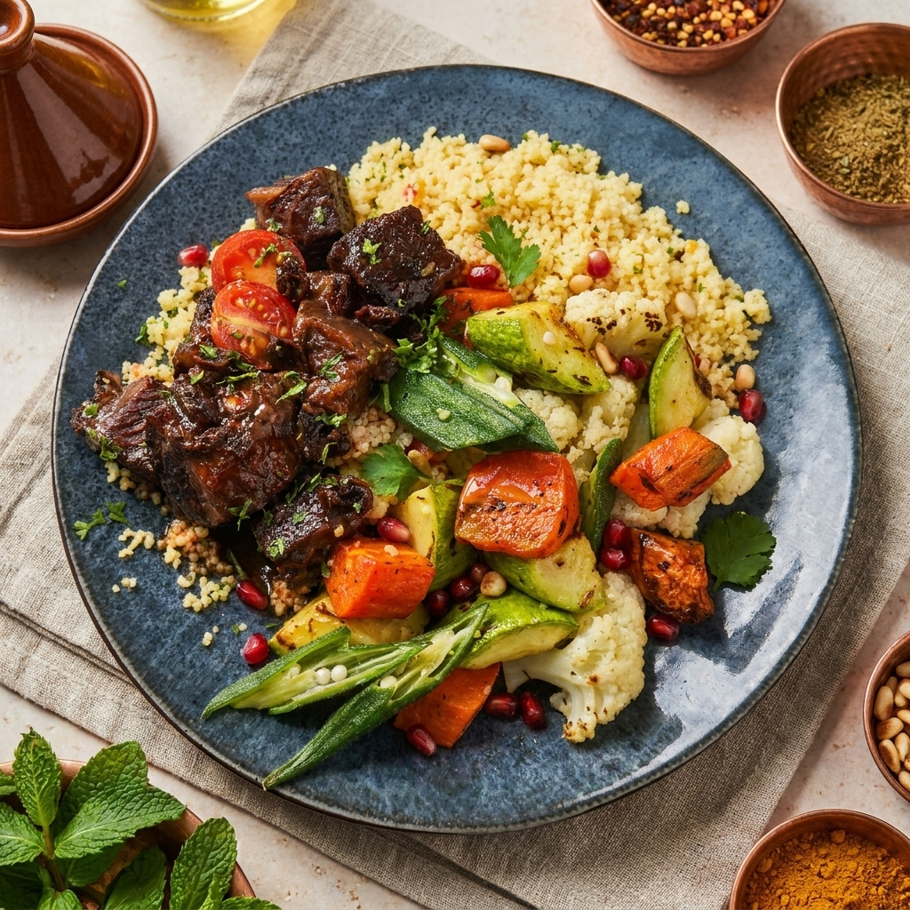 Moroccan Braised Beef Cheek, Roasted Vegetable And Chickpeas Cous Cous