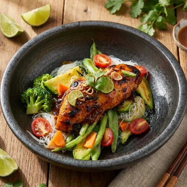Balinese Grilled Fish W/ Lime, Seasonal Greens And Rice Noodle