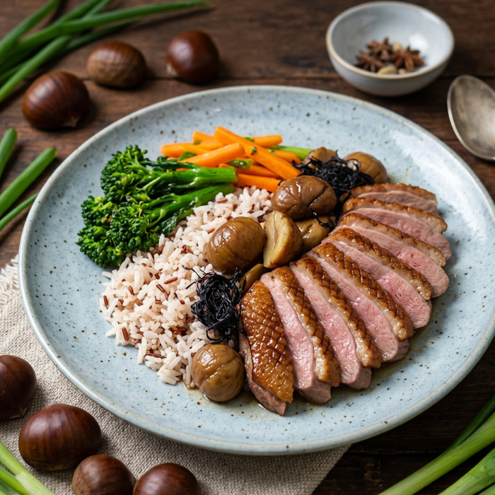 Signature Fittery braised duck breast with chestnut, fat choy, seasonal vegetables, and mixed grain rice on a plate.