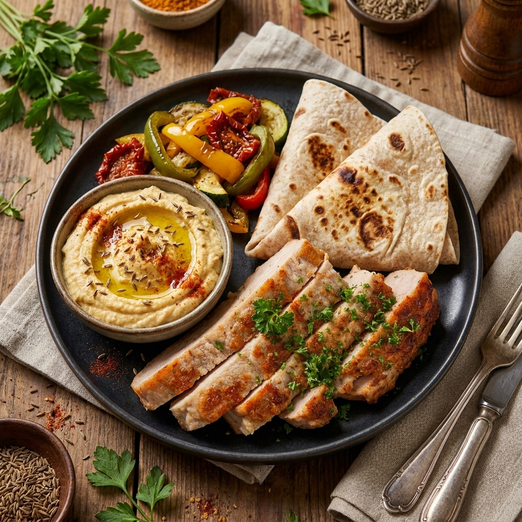 Pork Loin w/ Cumin Hummus & Wholewheat Tortilla