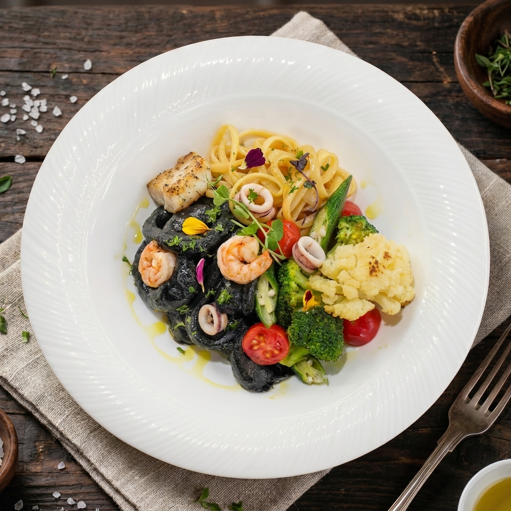 Squid Ink Seafood Linguine W/ Seasonal Vegetables