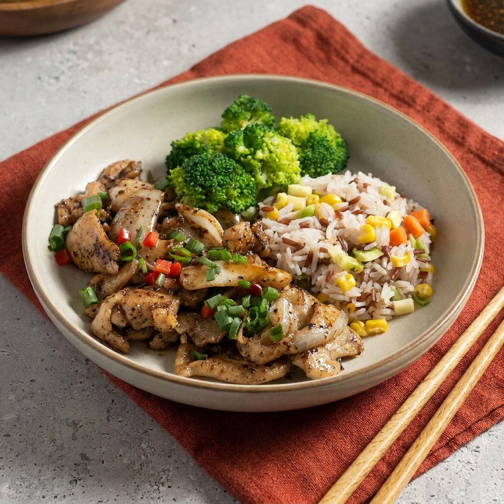 Black Pepper Chicken W/ Mix Onions, Seasonal Greens And Healthy Fried Rice