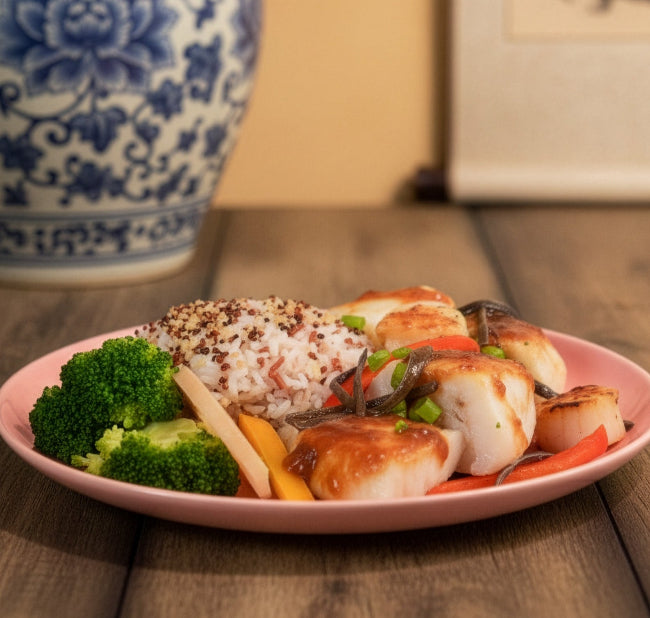 Signature Fittery sautéed garlic fish fillet with black fungus, seasonal vegetables, and quinoa mix grain rice on a plate.