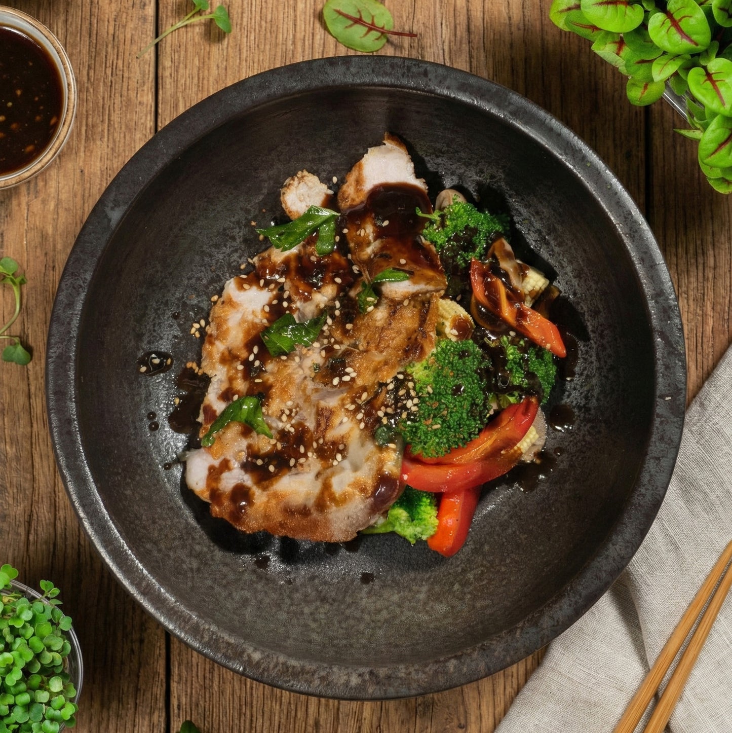 Japanese Lean Pork Tonkatsu W/ Sautee Vegetables And Ginger Pickles