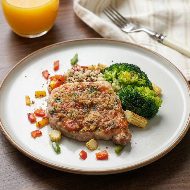 Oven baked pork loin Milanese served with roast vegetables and Italian quinoa couscous on a plate, from Fittery Signature Meal.
