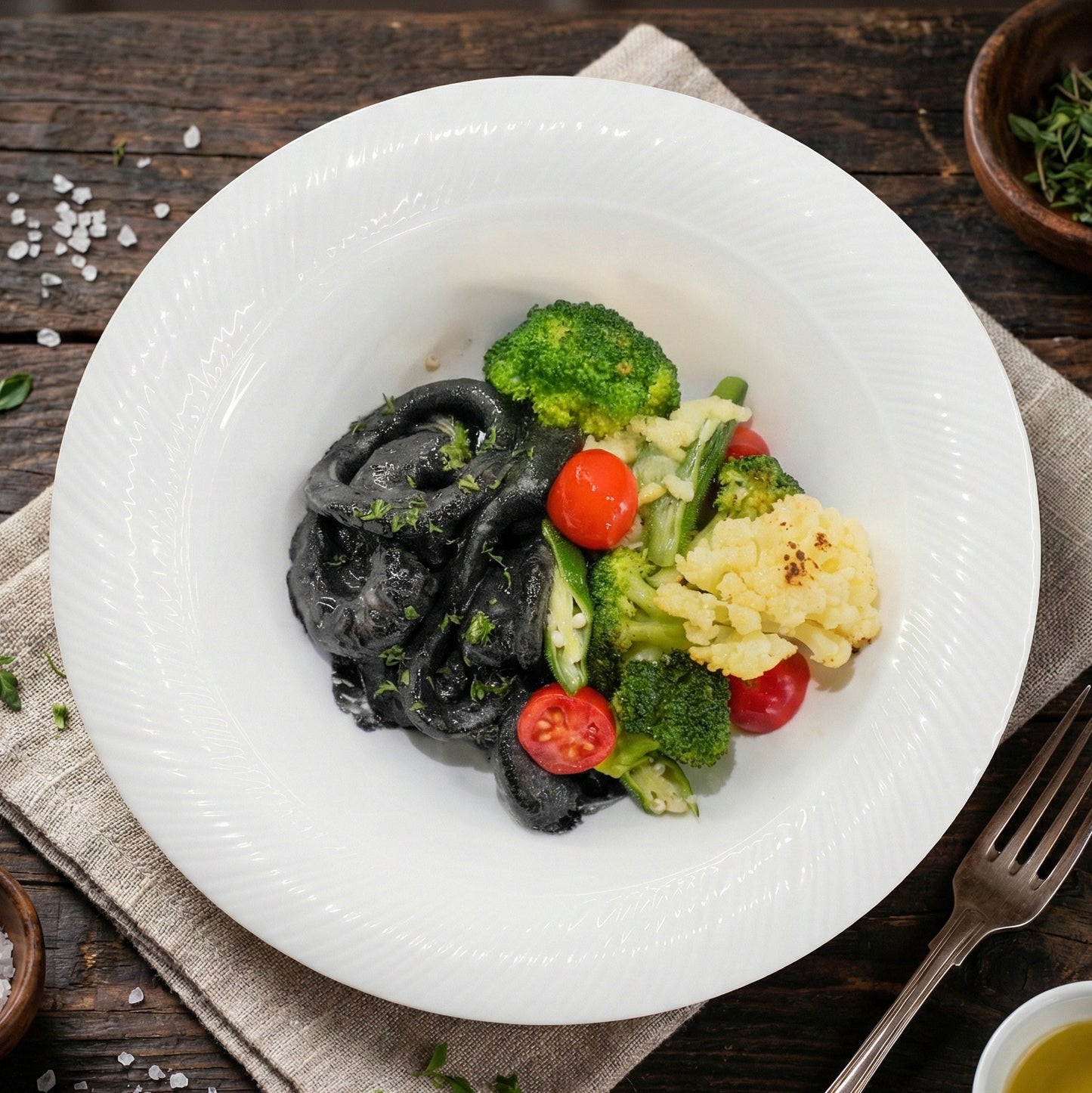 Squid Ink Seafood Linguine W/ Seasonal Vegetables