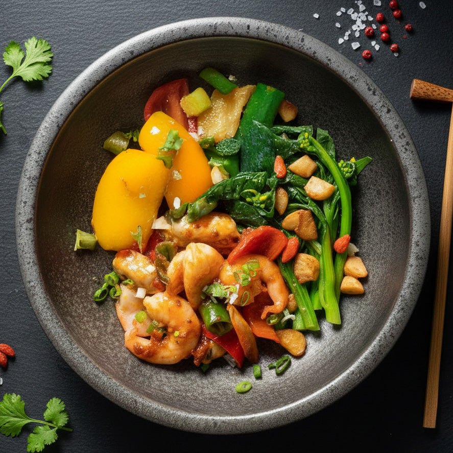 Mix Seafood W/ Sa Cha Sauce, Seasonal Vegetables