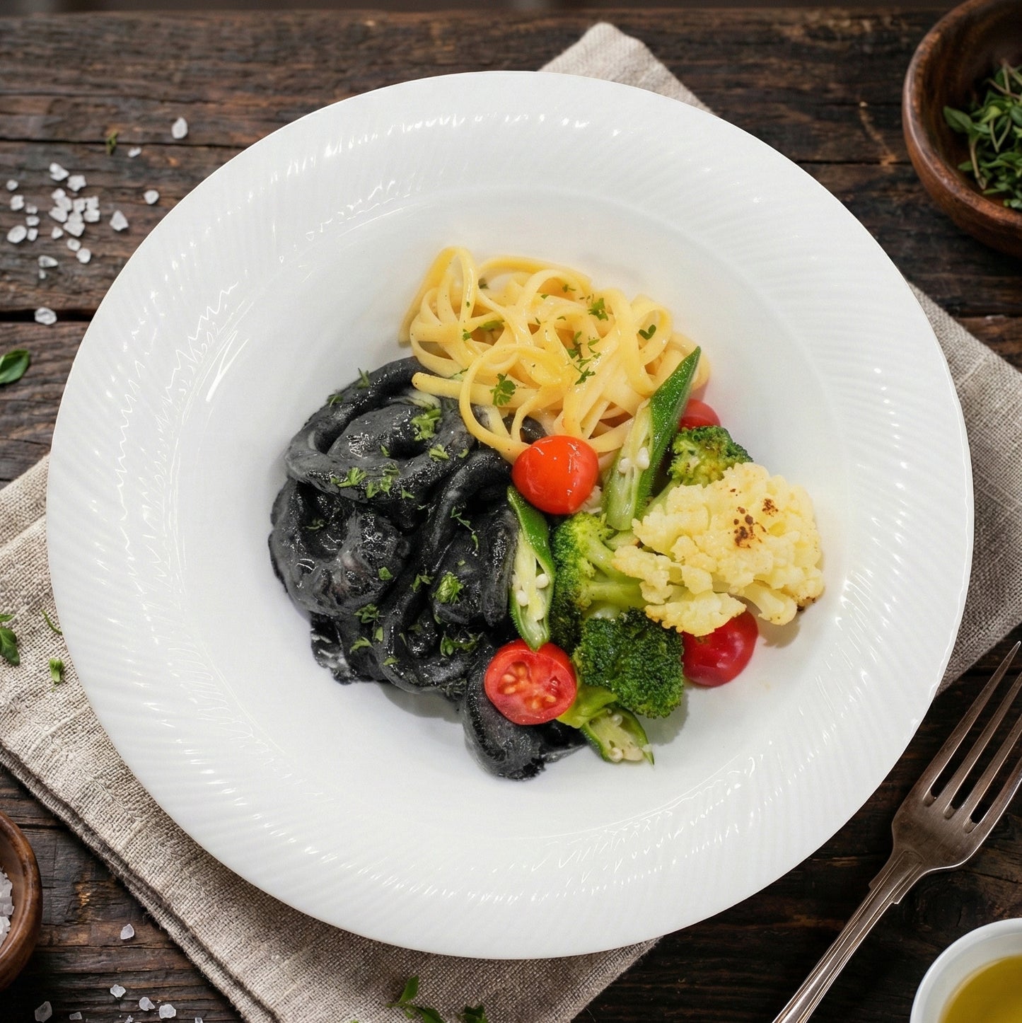 Squid Ink Seafood Linguine W/ Seasonal Vegetables