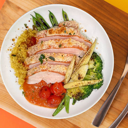 Low Fat Chicken Parmigiana W/ Healthy Greens  And Italian Couscous