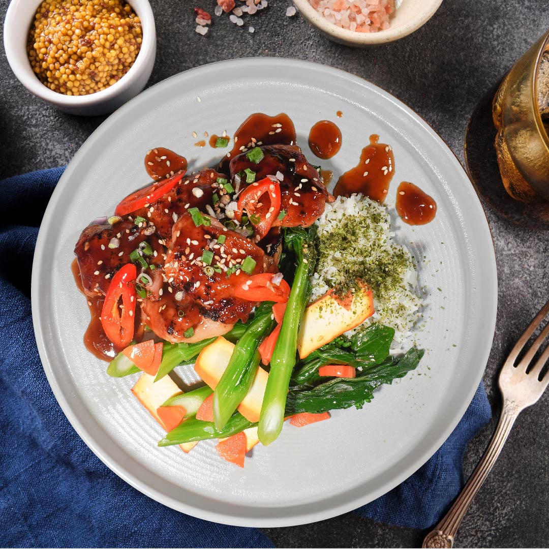 C. Japanese Teriyaki Chicken W/ Seasonal Vegetables And Seaweed Pearl Rice