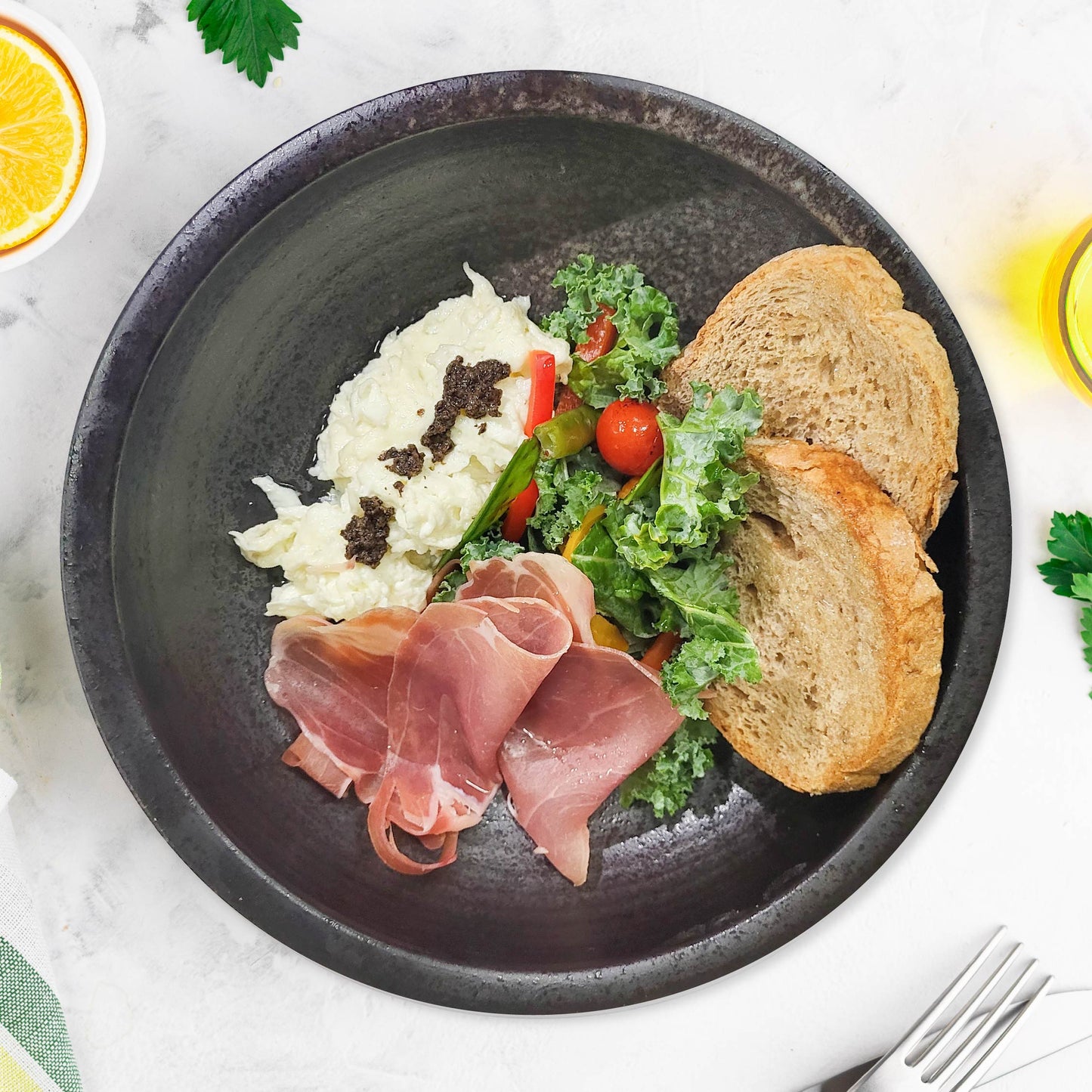 Truffle Egg Whites W/ Parma Ham, Roast Vegetables And Rye Bread