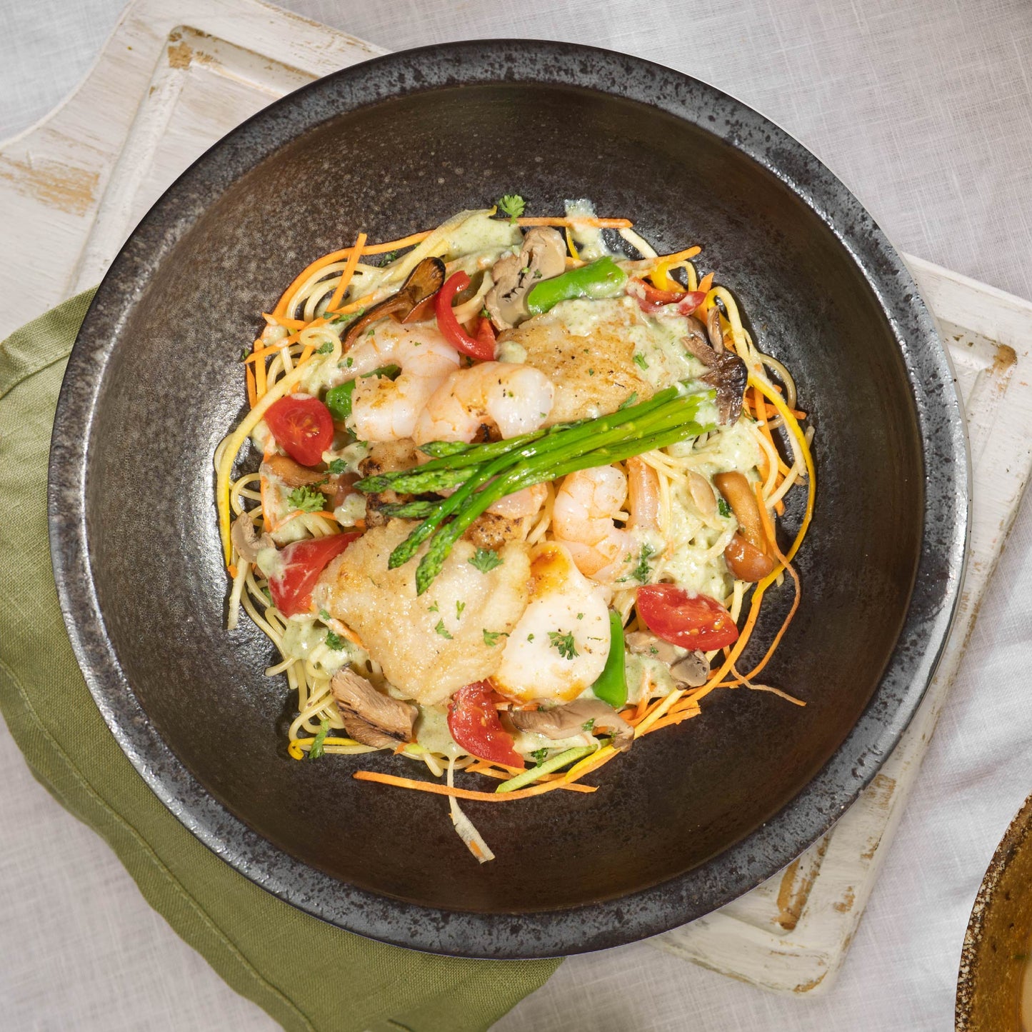 Seafood Linguine Low-Fat Truffle Carbonara W/ Seasonal Vegetables
