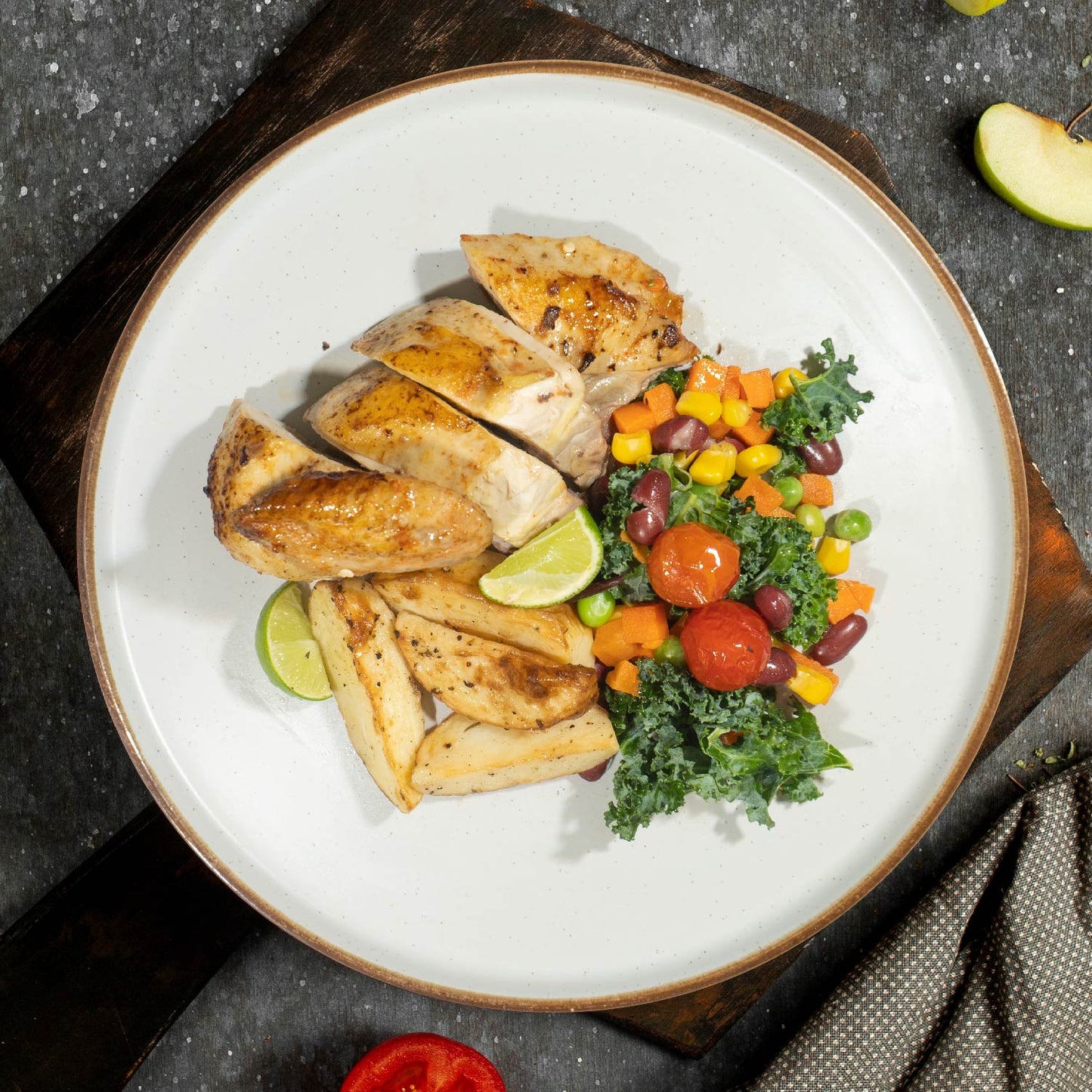 Grilled Garlic Lemon Thyme Spring Chicken W/ Seasonal Greens And Warm English Potato Salad