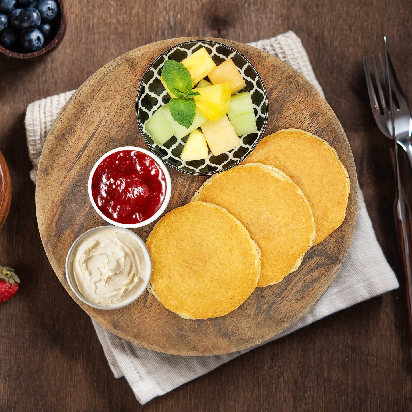 High Protein Pancake W/ Strawberry Jam, Low-Fat Cream Cheese And Fruit Salad