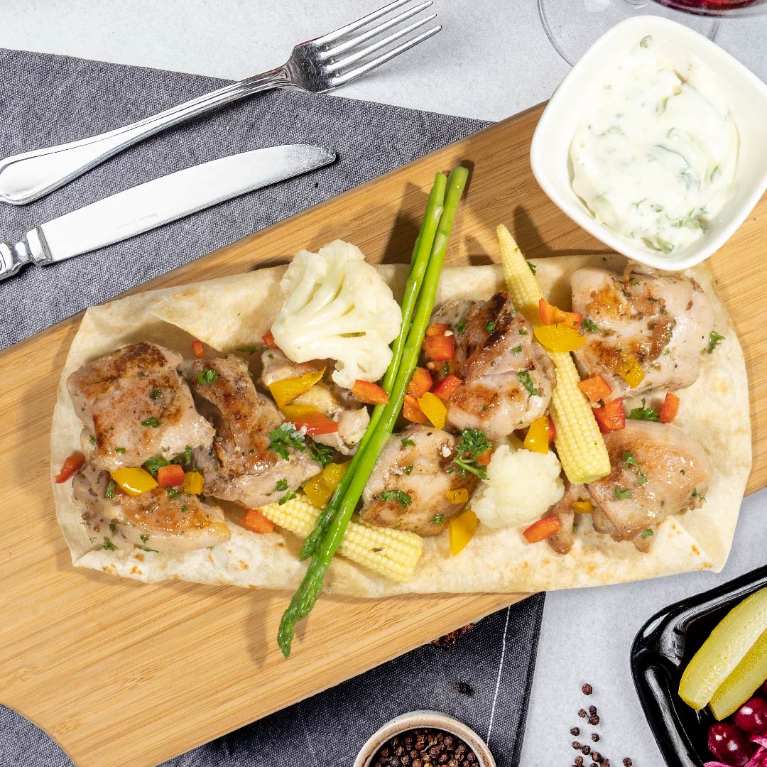 Chicken Souvlaki W/ Seasonal Vegetables, Low-Fat Tzatziki Dressing And Tortilla Bread