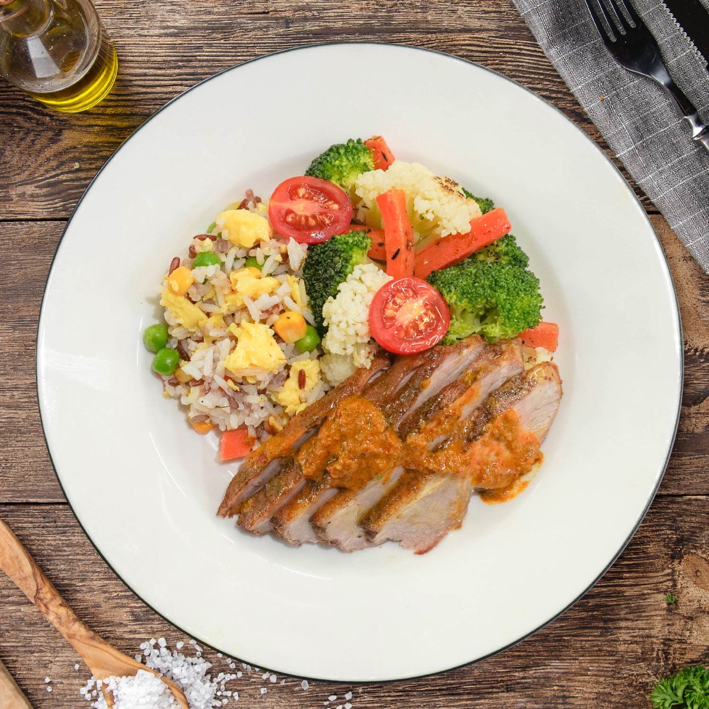 A. Indonesian Grilled Duck Breast Goreng W/ Sautee Vegetables And Healthy Fried Rice