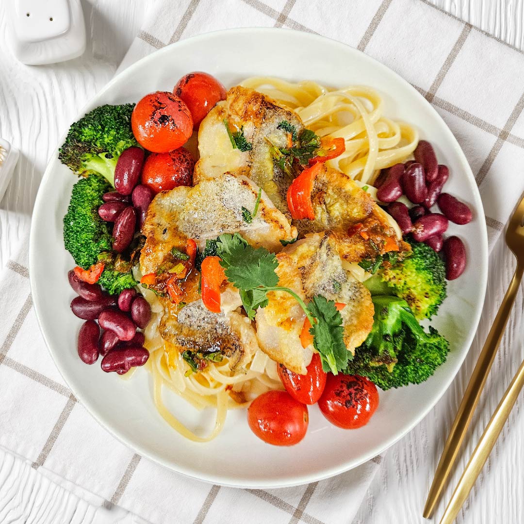 A. Grilled Fish Fillet W/ Healthy Greens, Pasta And Salsa Verde