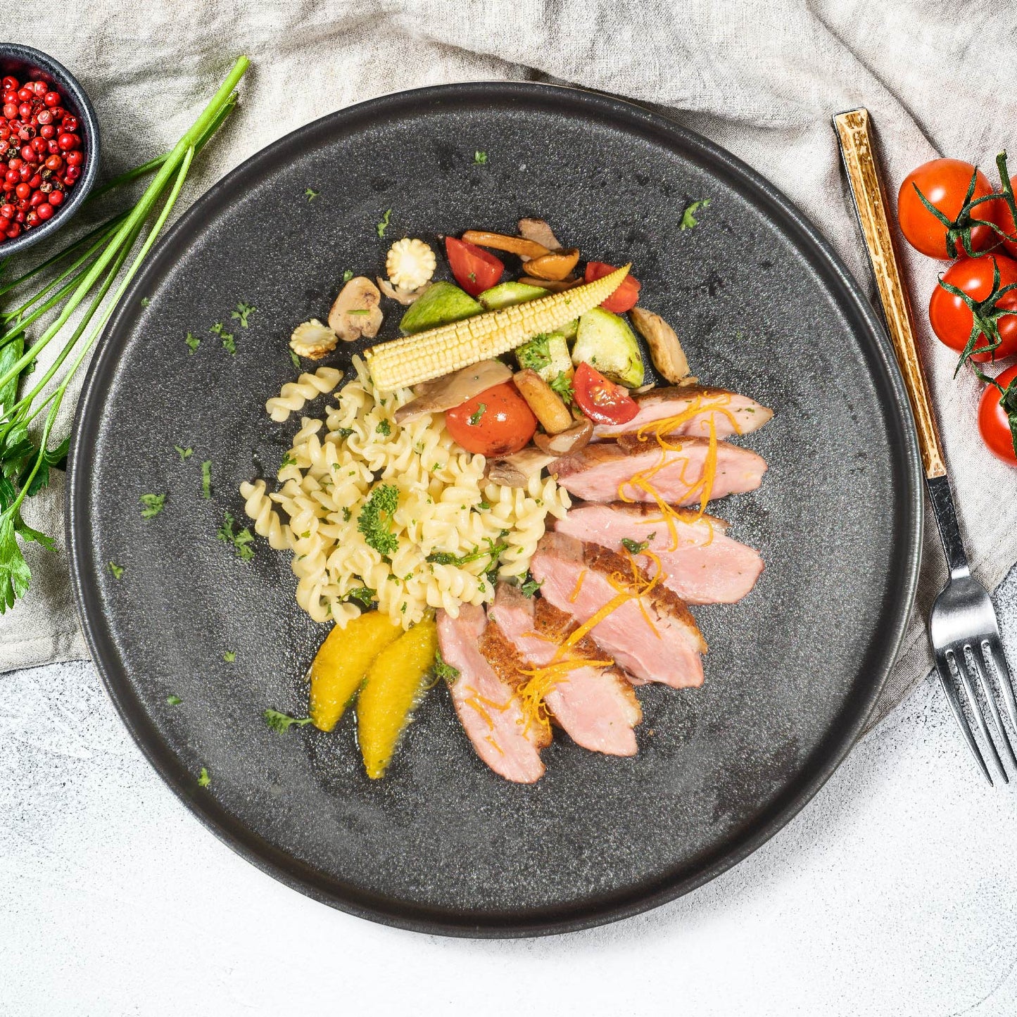 C. Duck Breast L'Orange W/ Mix Vegetables And Fusilli Quinoa Pasta