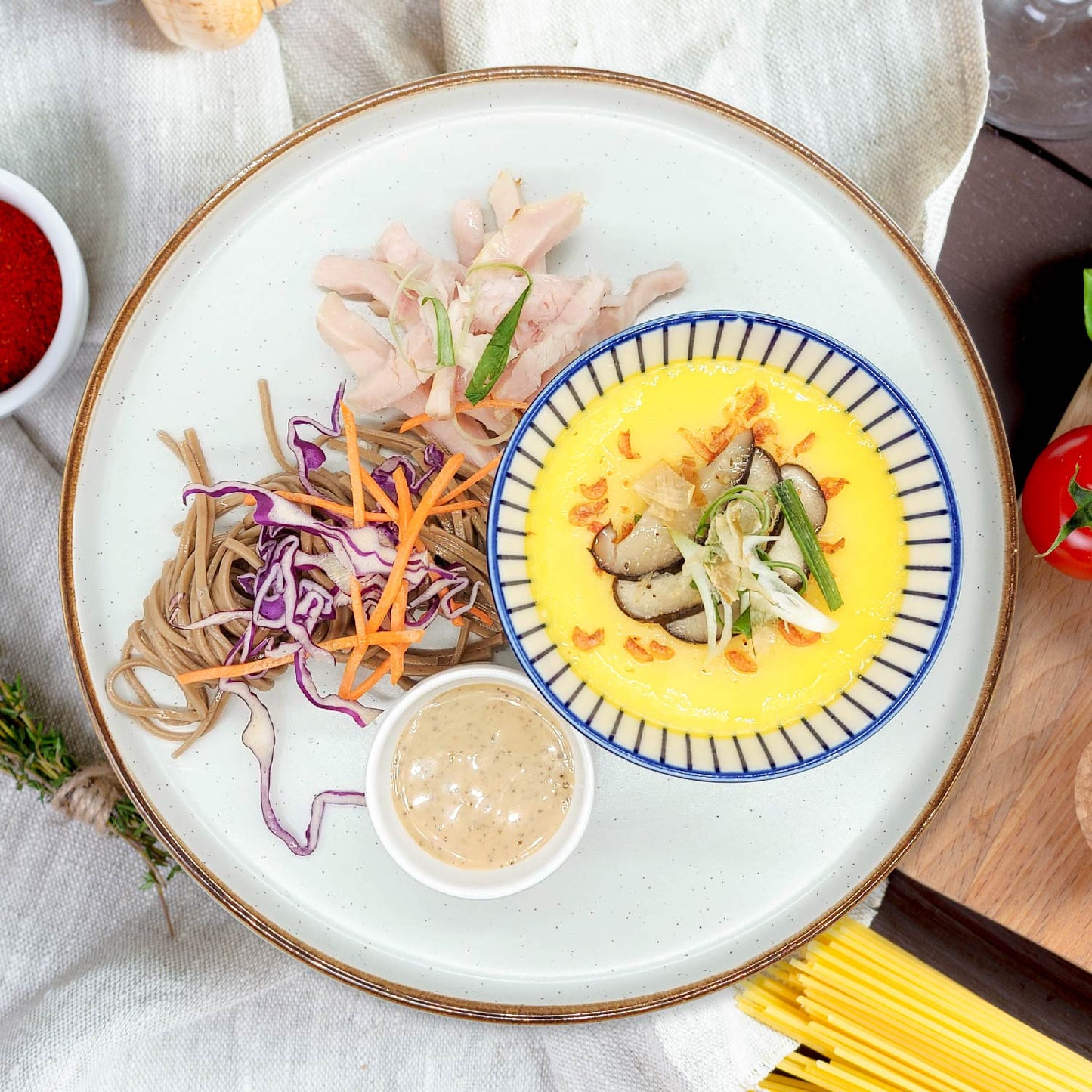 Japanese Steamed Egg Custard W/ Sakura Shrimp, Chicken Breast And Soba Salad