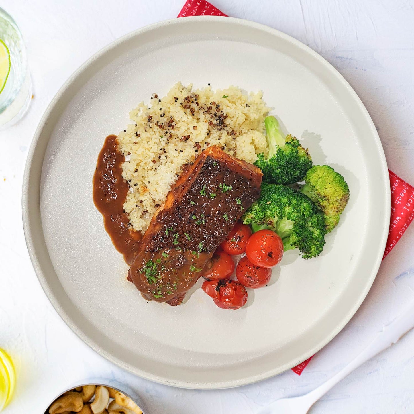 B. Honey Bbq Fish Fillet W/ Roasted Vegetables And Quinoa Mix Couscous Rice