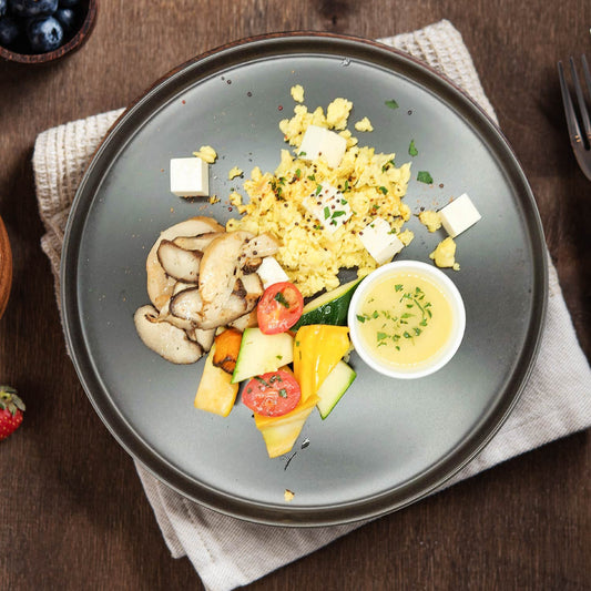 Tofu Scramble Eggs W/ Wild Mushroom, Quinoa And Roasted Vegetables Salad W/ Honey Mustard Vinaigrette