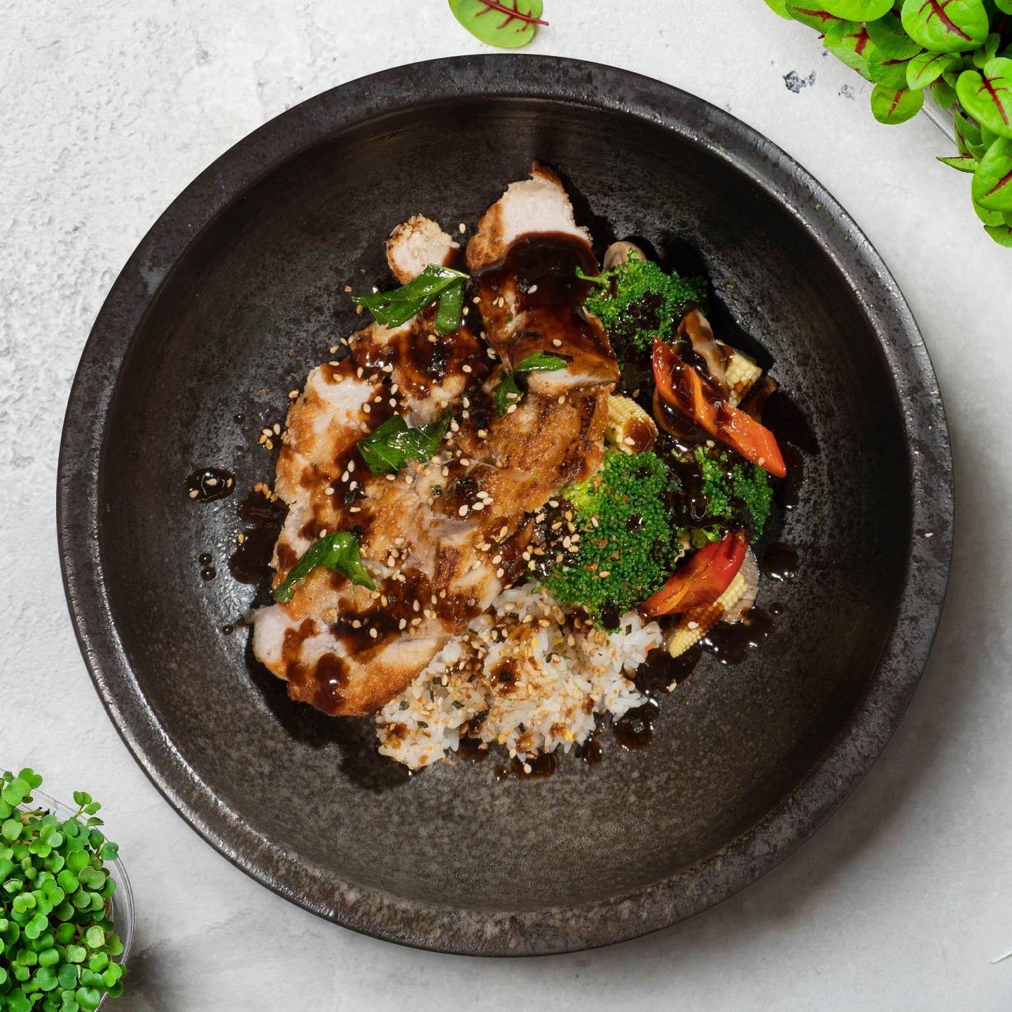 C. Japanese Lean Pork Tonkatsu W/ Sautee Vegetables, Ginger Pickles and Pearl Rice
