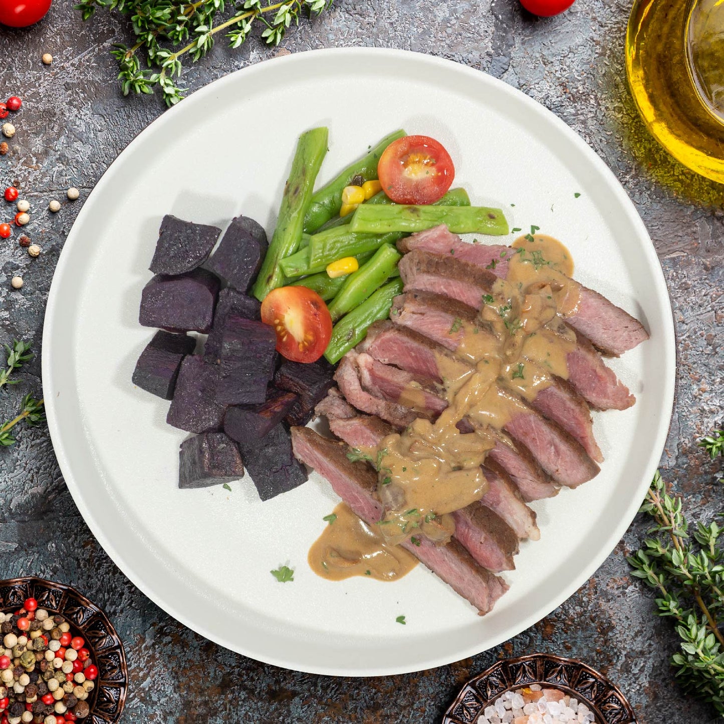 Grilled Rib-Eye Steak W/ Sautee Vegetables, Sweet Potato And Bordelaise Sauce