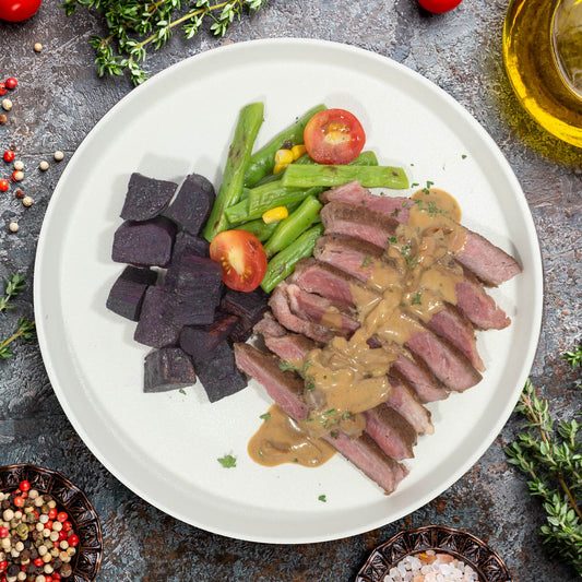 Grilled Rib-Eye Steak W/ Sautee Vegetables, Sweet Potato And Bordelaise Sauce