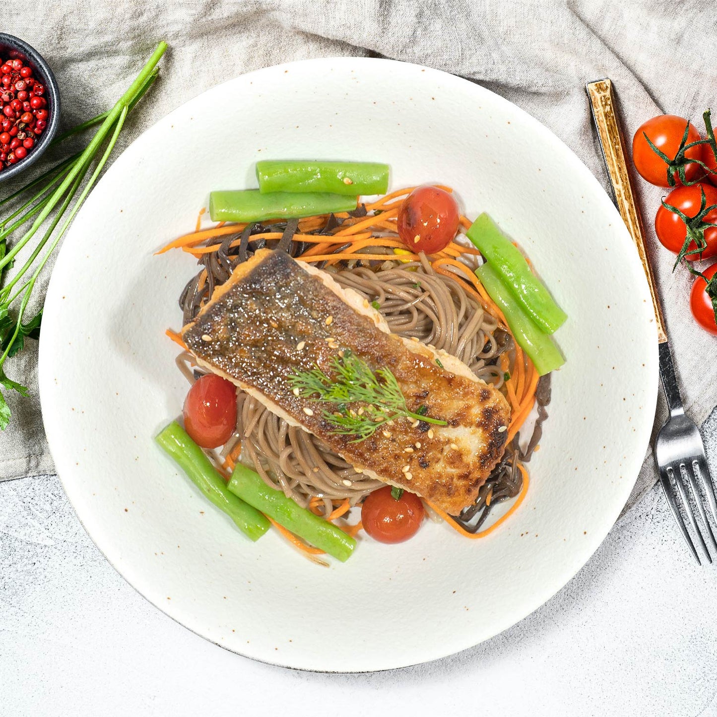 Grilled Bang Bang Salmon w/ Asian Vegetables, Soba Noodles And Low-Fat Sesame Sauce