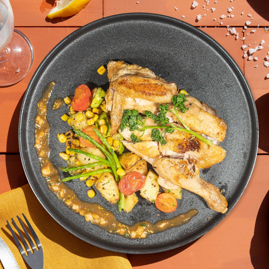 Macanese Style African Spring Chicken W/ Seasonal Vegetables And Mix Herbs Baked Potato