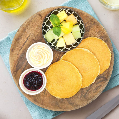 High Protein Pancakes W/ Blueberry Jam, Vanilla Cream And Fresh Fruit Salad