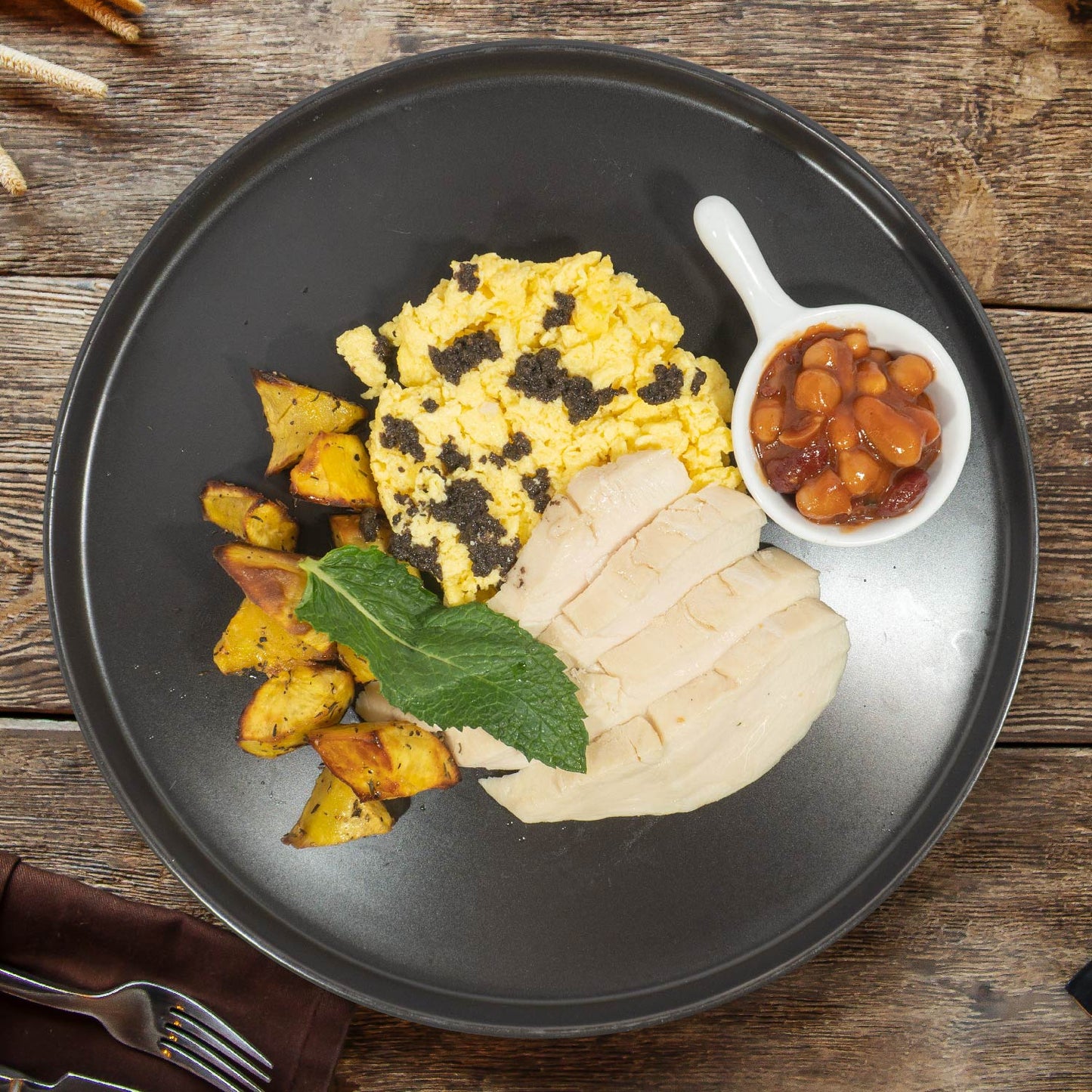 Scrambled Truffle Eggs W/ Chicken Breast, Home Made Baked Beans And Roasted Sweet Potato
