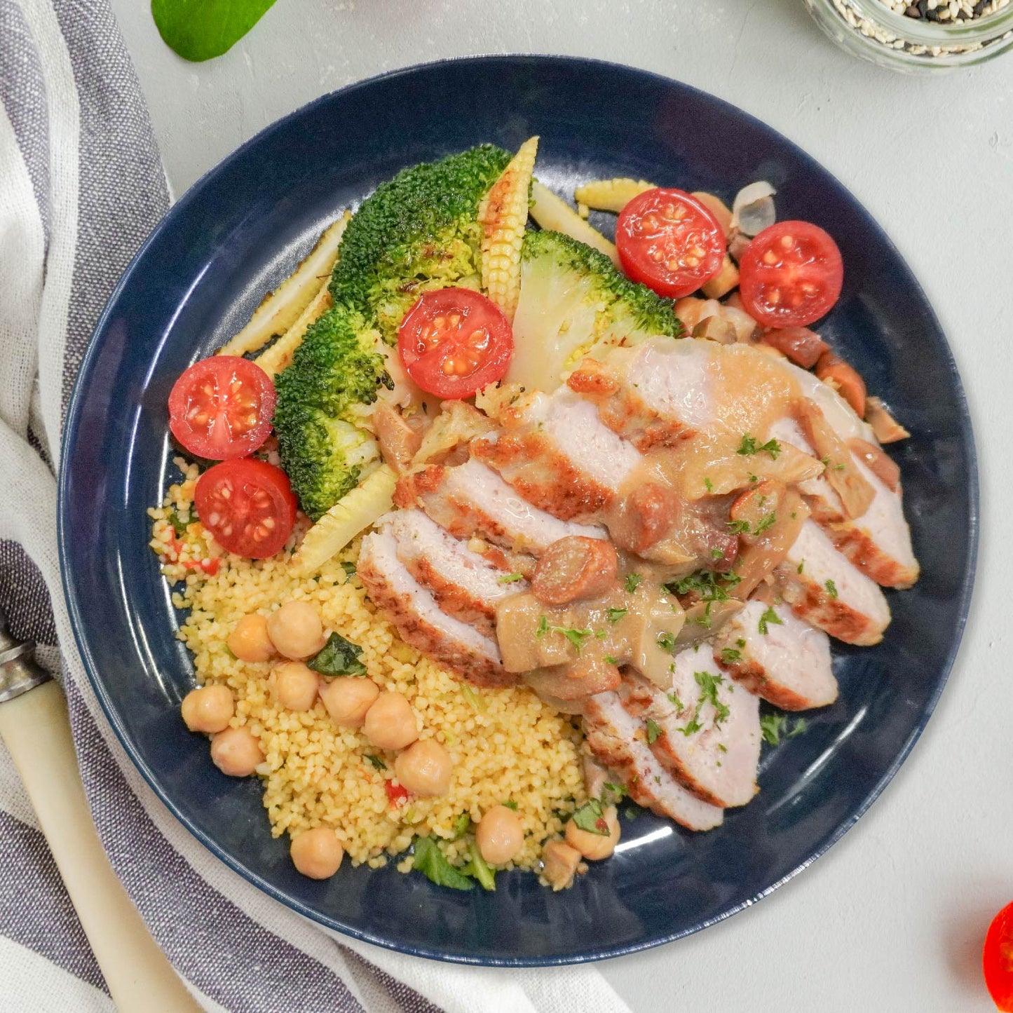 Italian Grilled Pork Loin w/ Chickpeas Mix Cous Cous And Mushroom Garlic Sauce