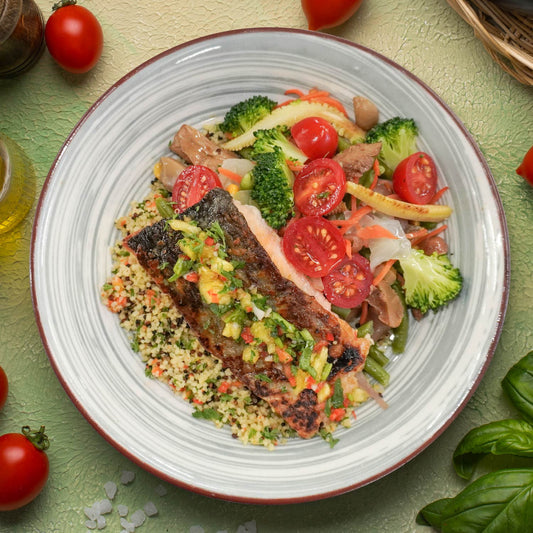 Grilled Salmon W/ Steamed Greens, Quinoa Cous Cous And Citrus Salsa Verde