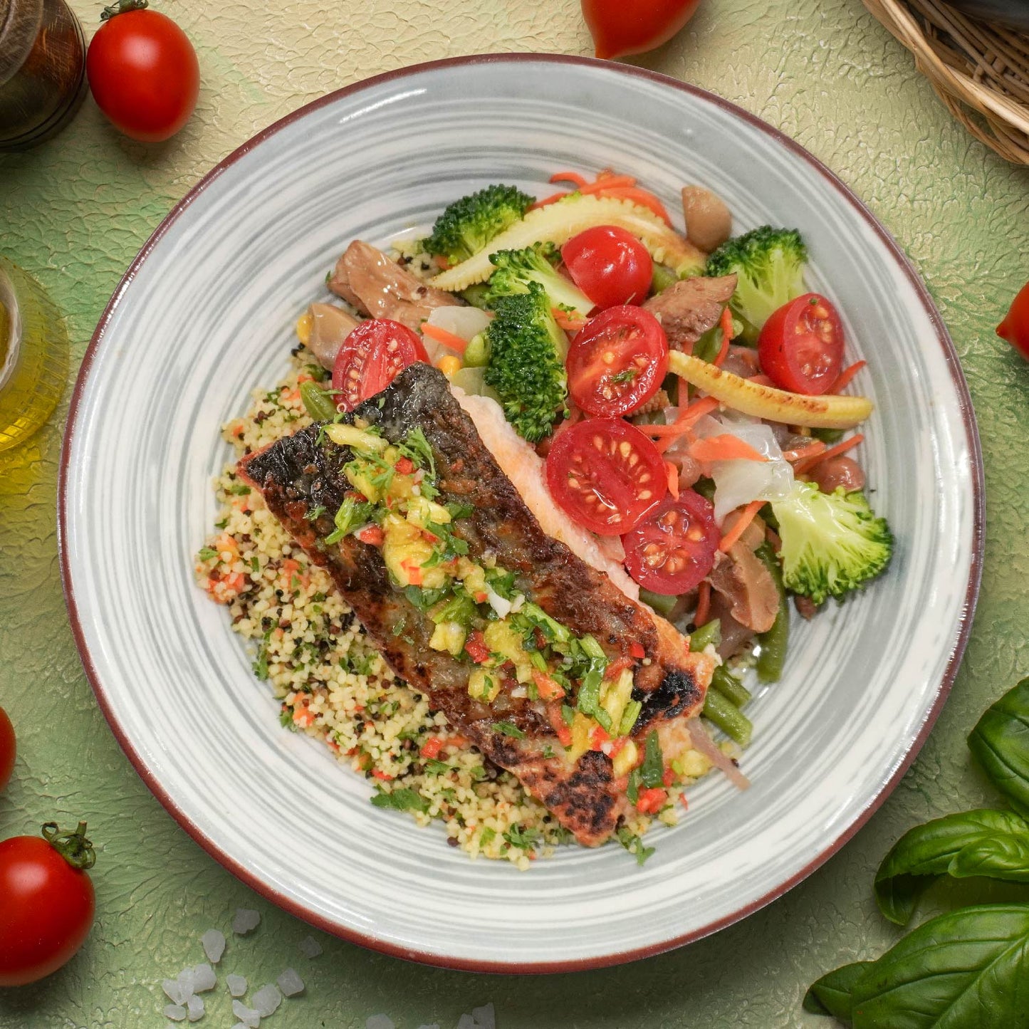 B. Roasted Fish W/ Steamed Greens, Orgnaic Quinoa Mix Rice And Citrus Salsa Verde