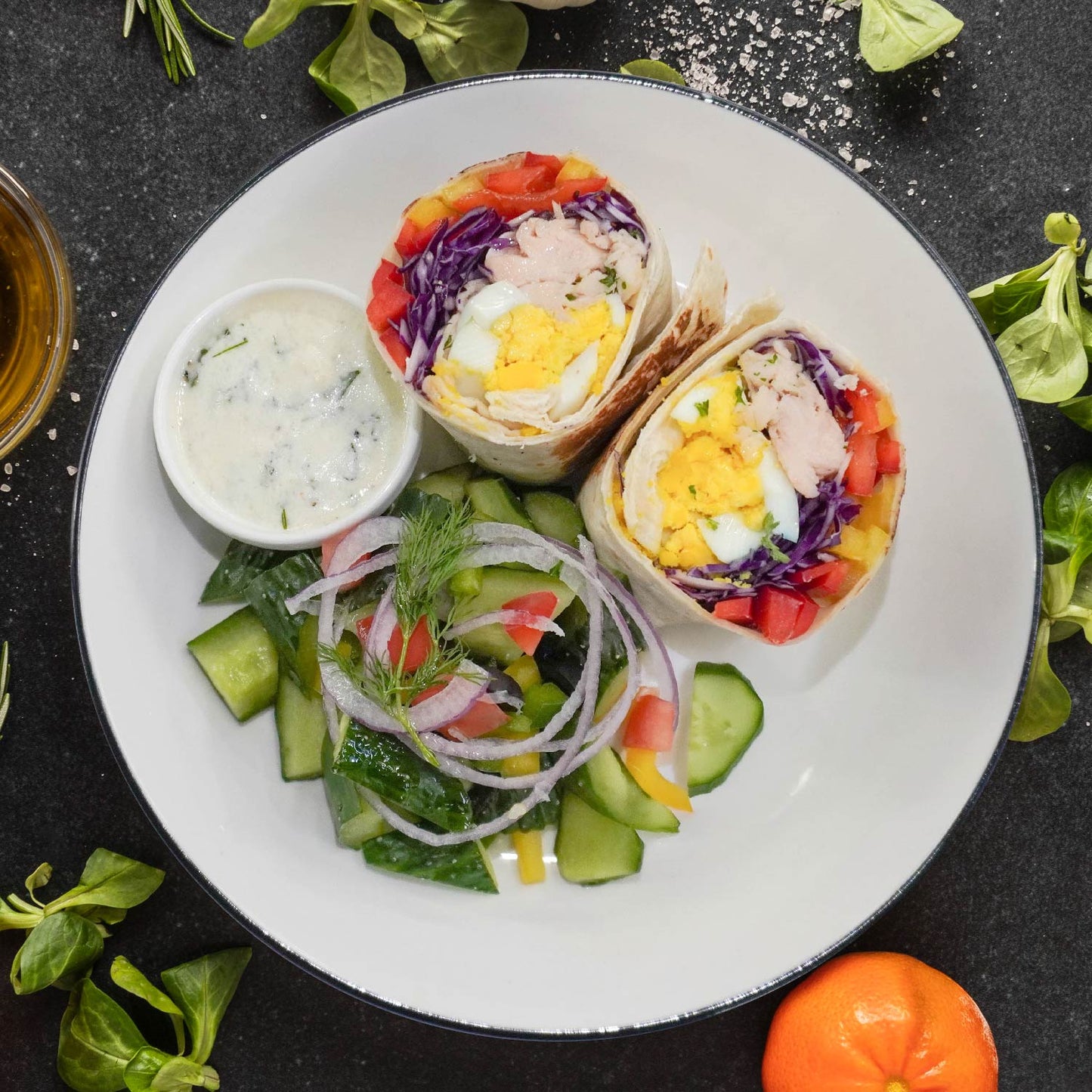 Breakfast Chicken Wrap W/ Greek Salad And Tsatziki Sauce