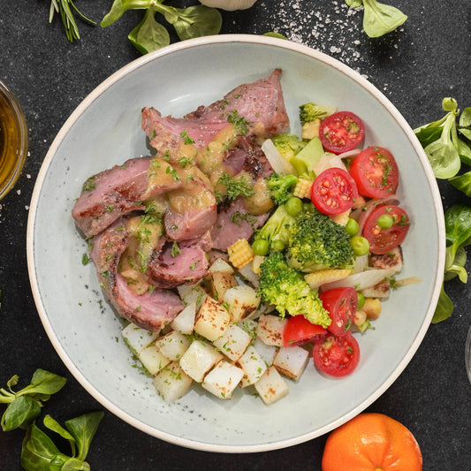 Grilled Ribeye W/ Seasonal Vegetables, Roast Potatoes And Dianne Sauce