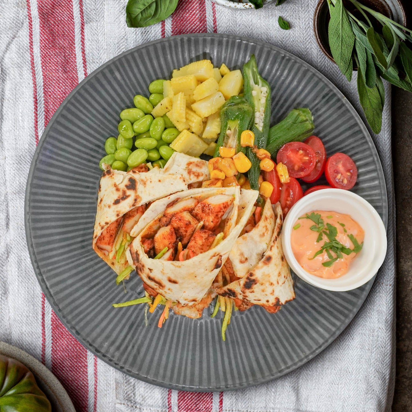 Grilled Chicken Tortilla Wrap W/ Mix Greens And Low Fat Sriracha Mayonnaise