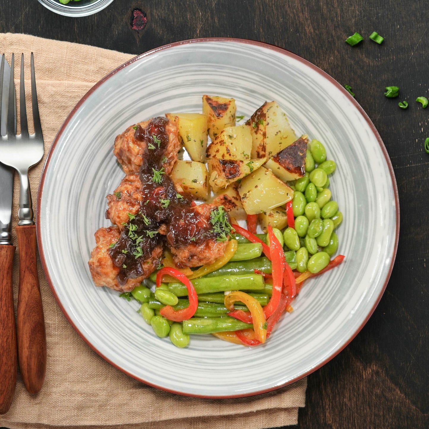 Italian Meatballs W/ Mix Herb Potato And Red Wine Balsamic Reduction
