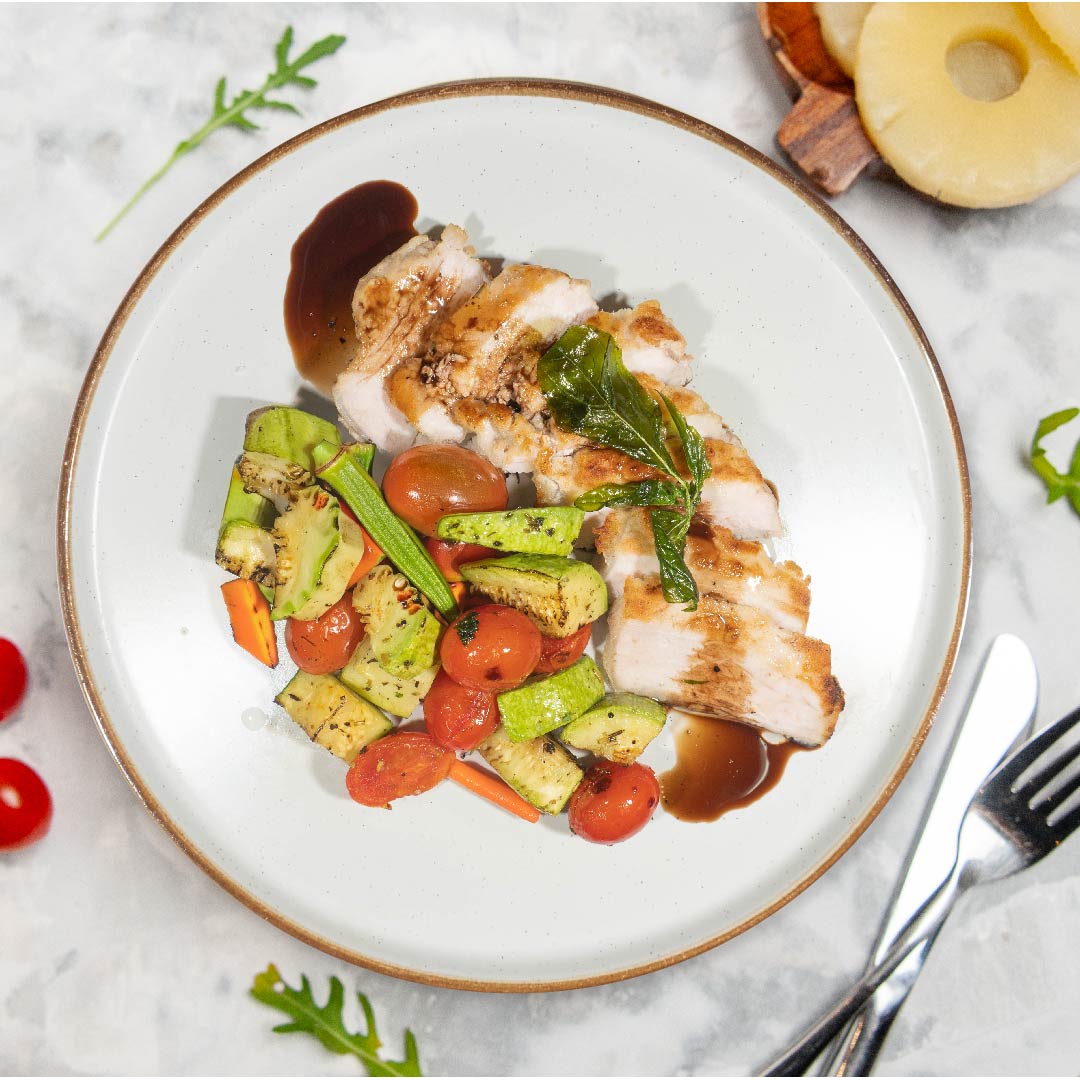 Grilled Pork Loin W/ Balsamic Onion Sauce, Seasonal Vegetables