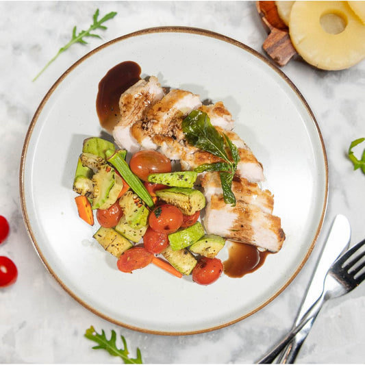 Grilled Pork Loin W/ Balsamic Onion Sauce, Seasonal Vegetables