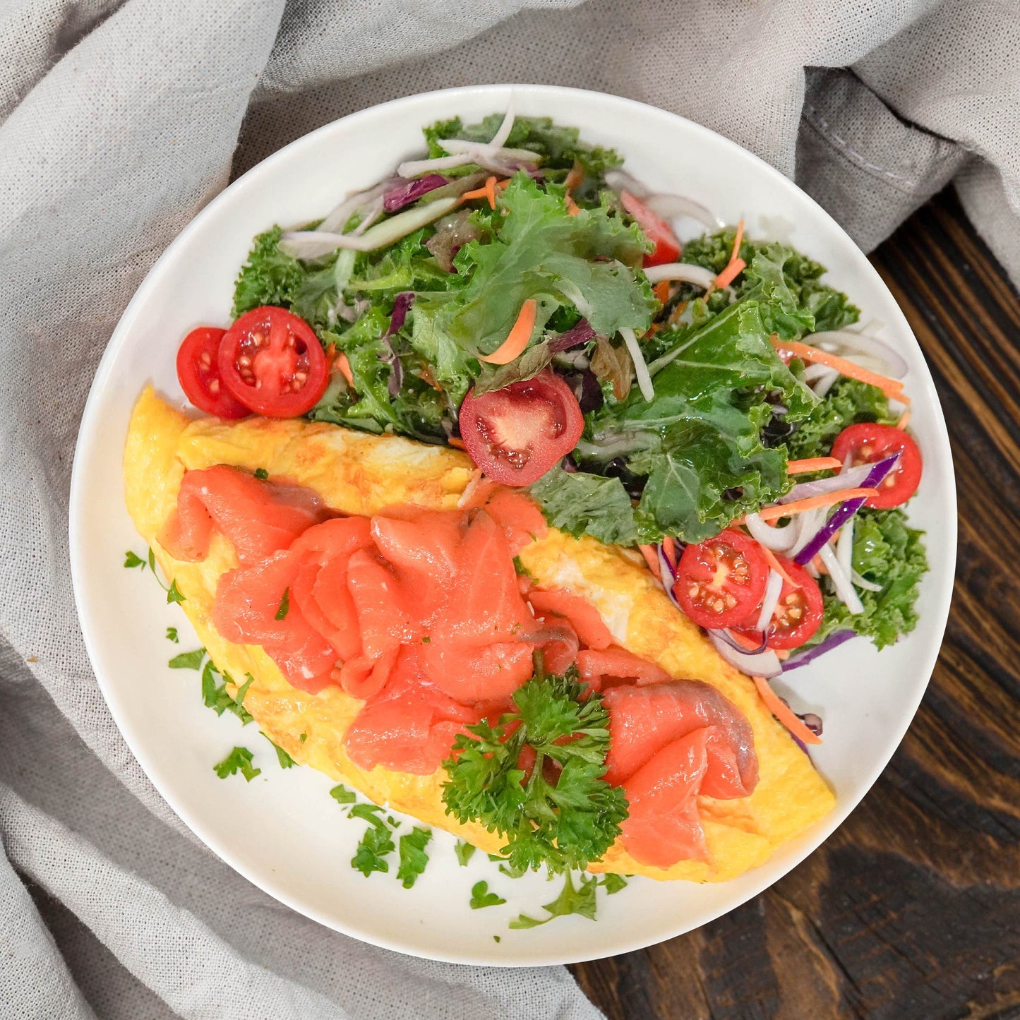 Smoked Salmon And Mushroom Omelette w/ Side Salad